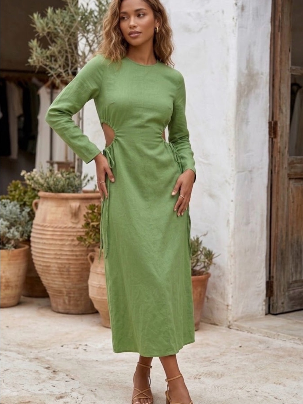 Zara Green Long Sleeve Cutout Midi Dress